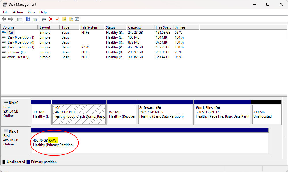Disk Management showing a drive identified as RAW