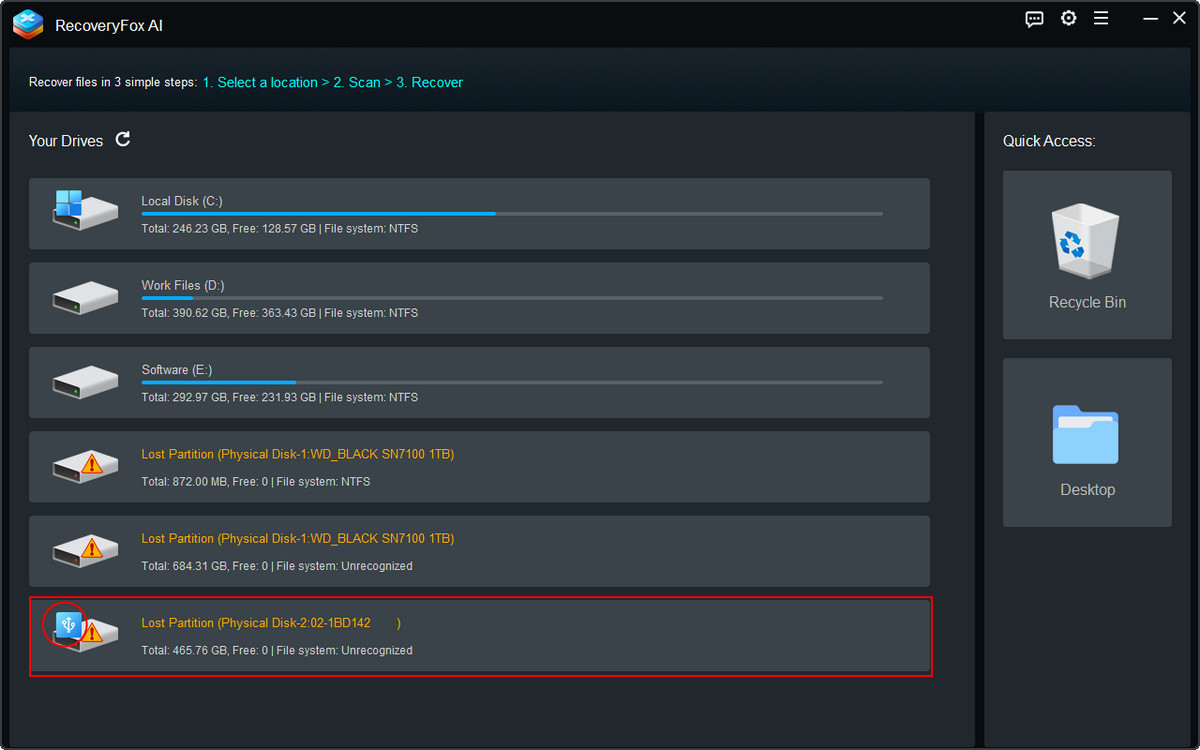 Select the RAW HDD from RecoveryFox AI drive list