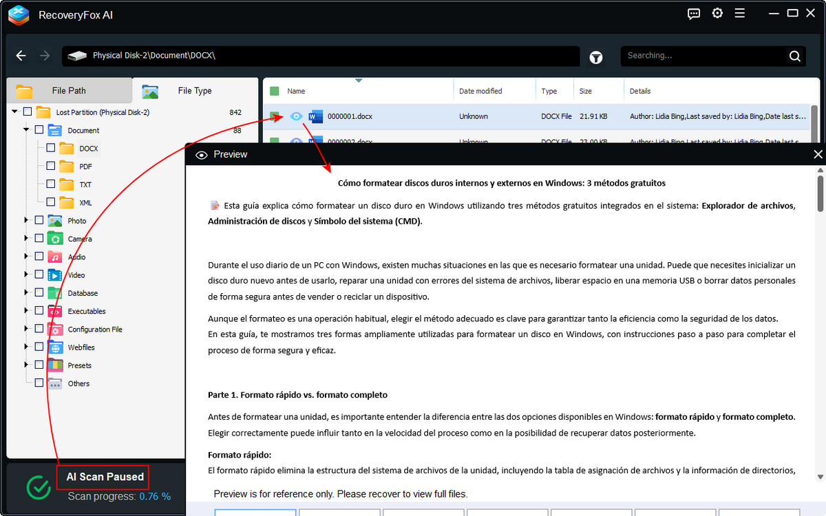 Preview recoverable document files