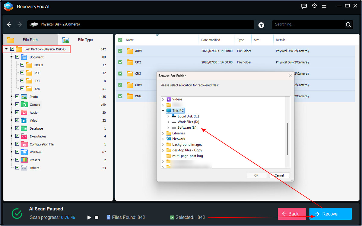 Recover files from the RAW drive to a different location