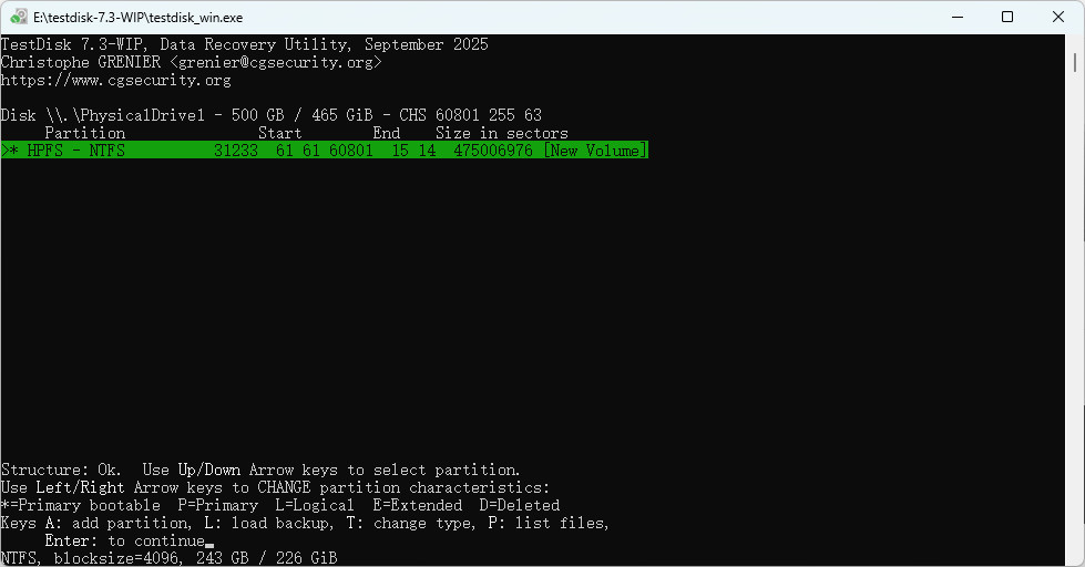 TestDisk runs a quick search for all partitions
