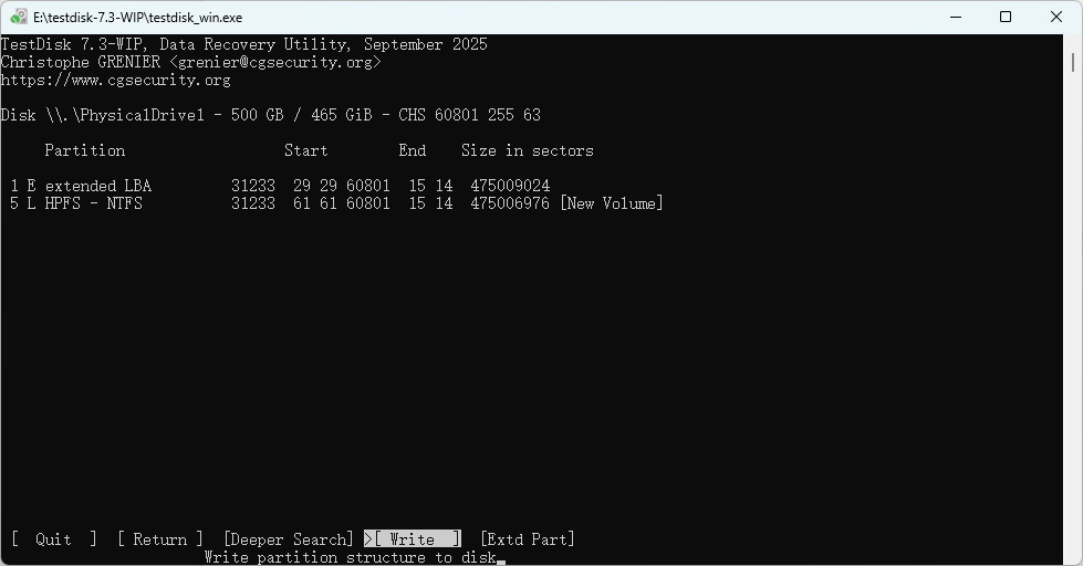 TestDisk writes partition structure to the drive