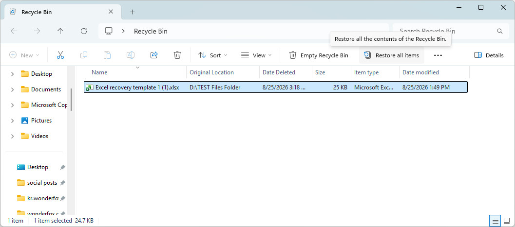 Restore deleted Excel file from Recycle Bin