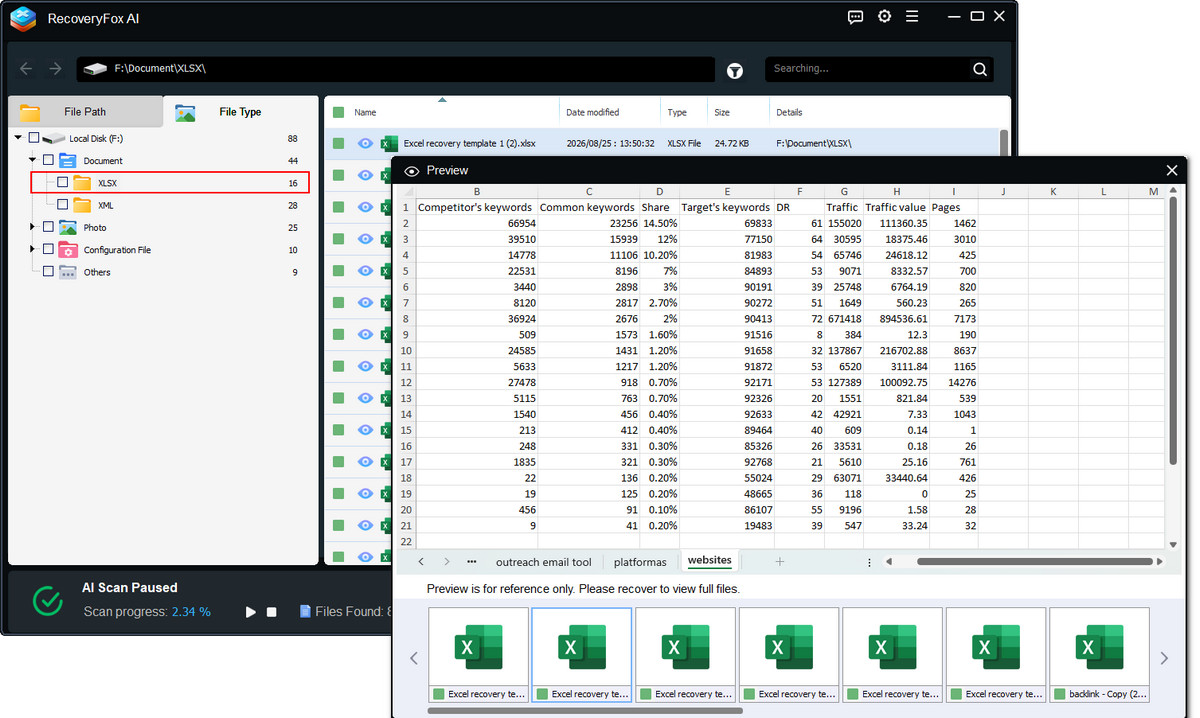 Preview recoverable Excel files