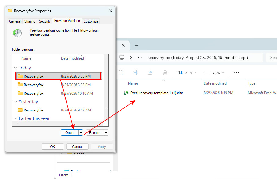 Recover Excel file from Previous Versions
