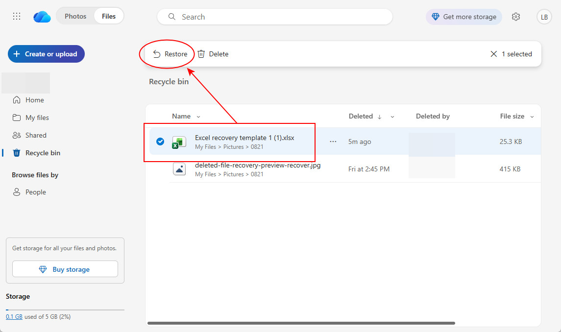 Restore deleted Excel file from OneDrive