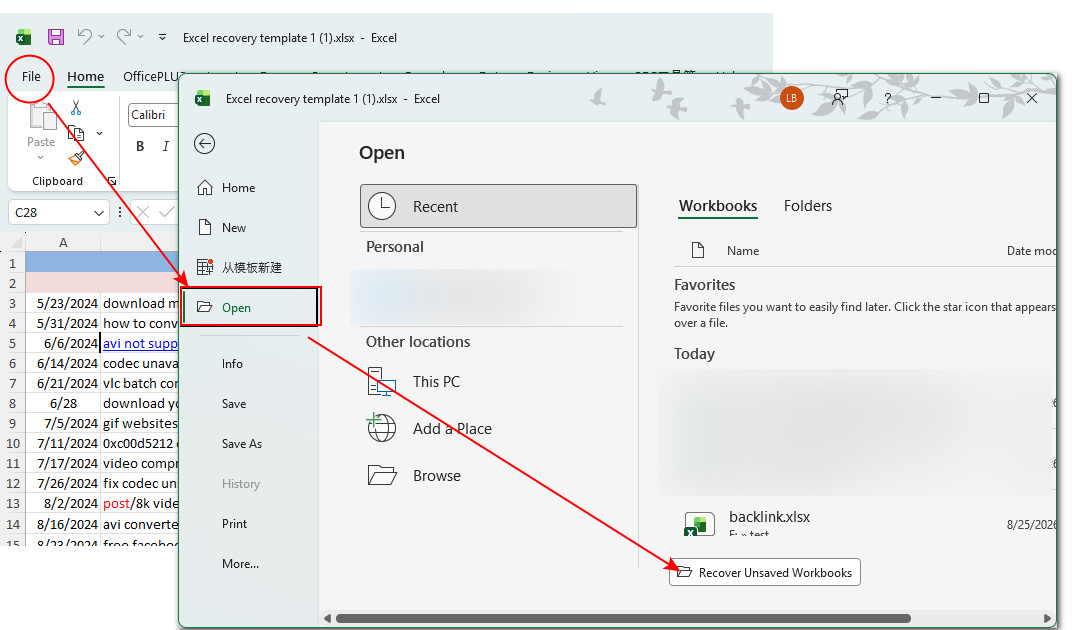 Recover unsaved workbooks in Excel