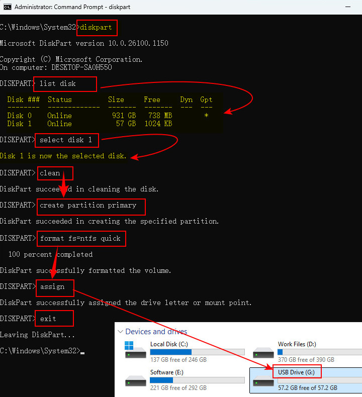 Format USB drive with DiskPart