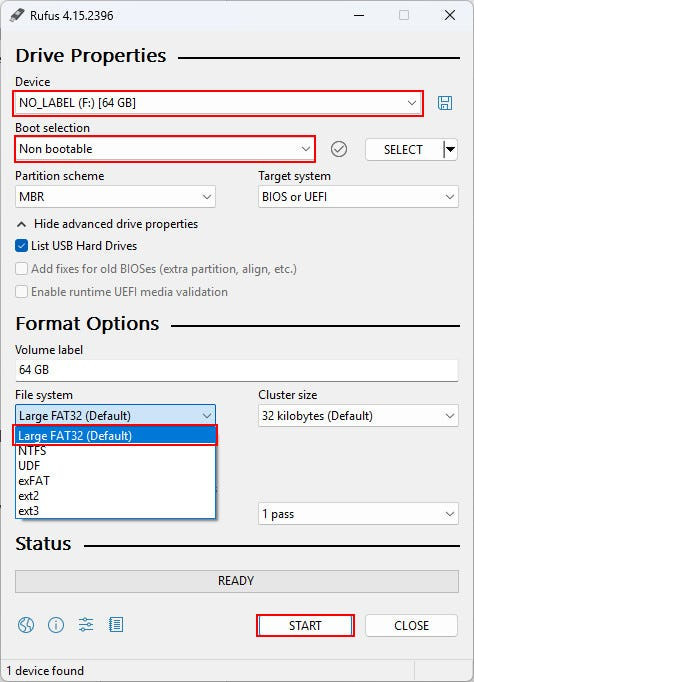 Format a USB drive with Rufus