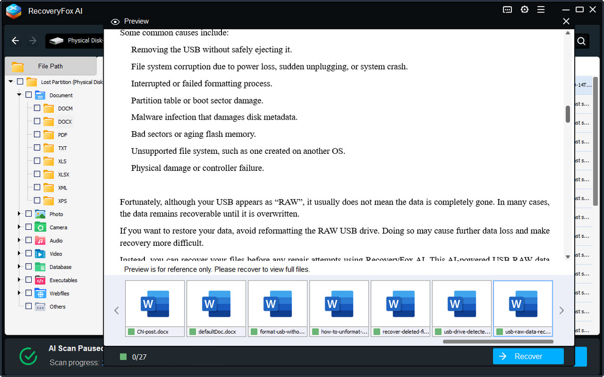 Preview recoverable USB files