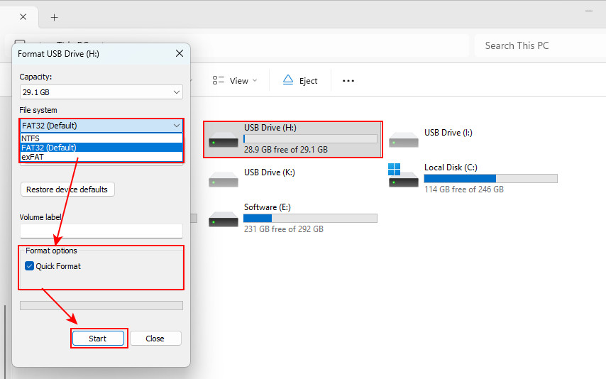 Format USB drive in File Explorer