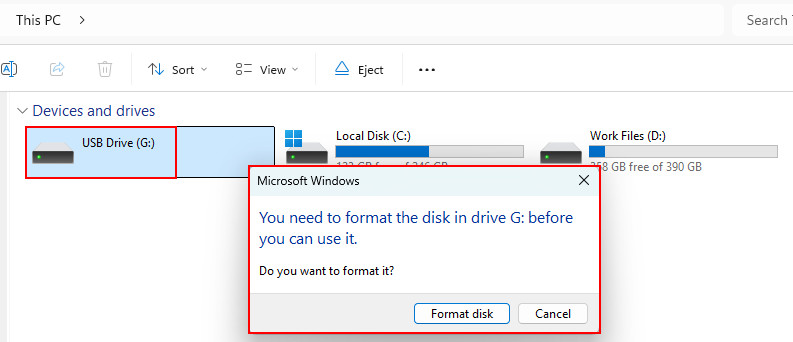 Format the USB before use message