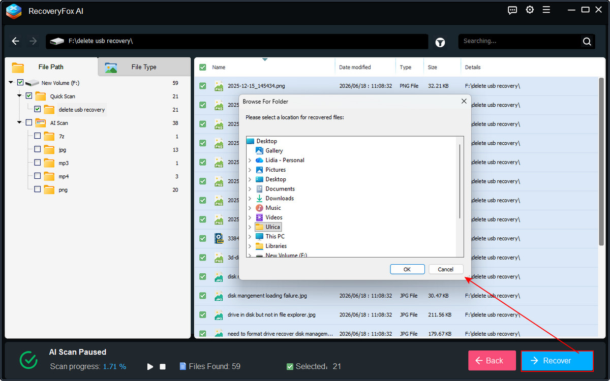 Choose a different location to save the recovered files