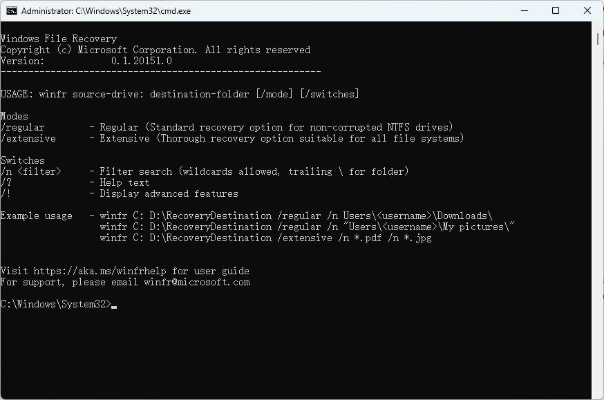 Windows File Recovery command window