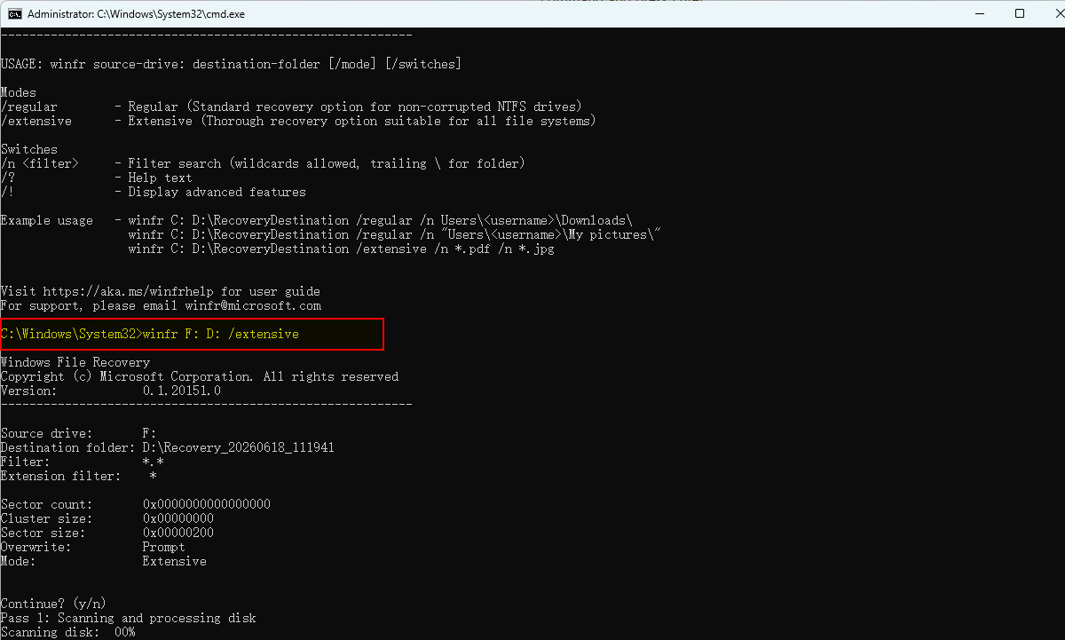 Windows File Recovery starts recovering files from USB