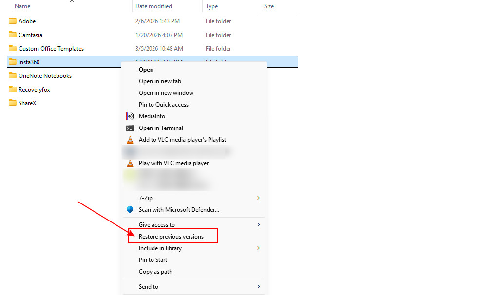 Select Restore previous versions from the menu