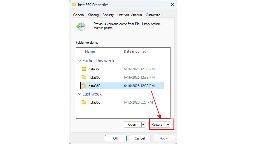 Select the needed version to restore