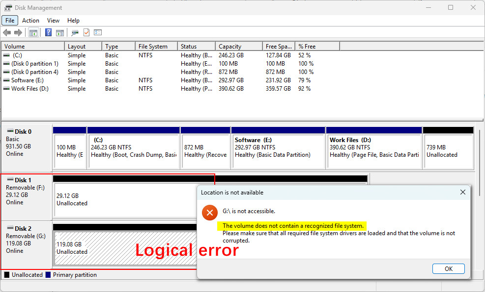 USB drive detected in Disk Management, indicating a logical issue