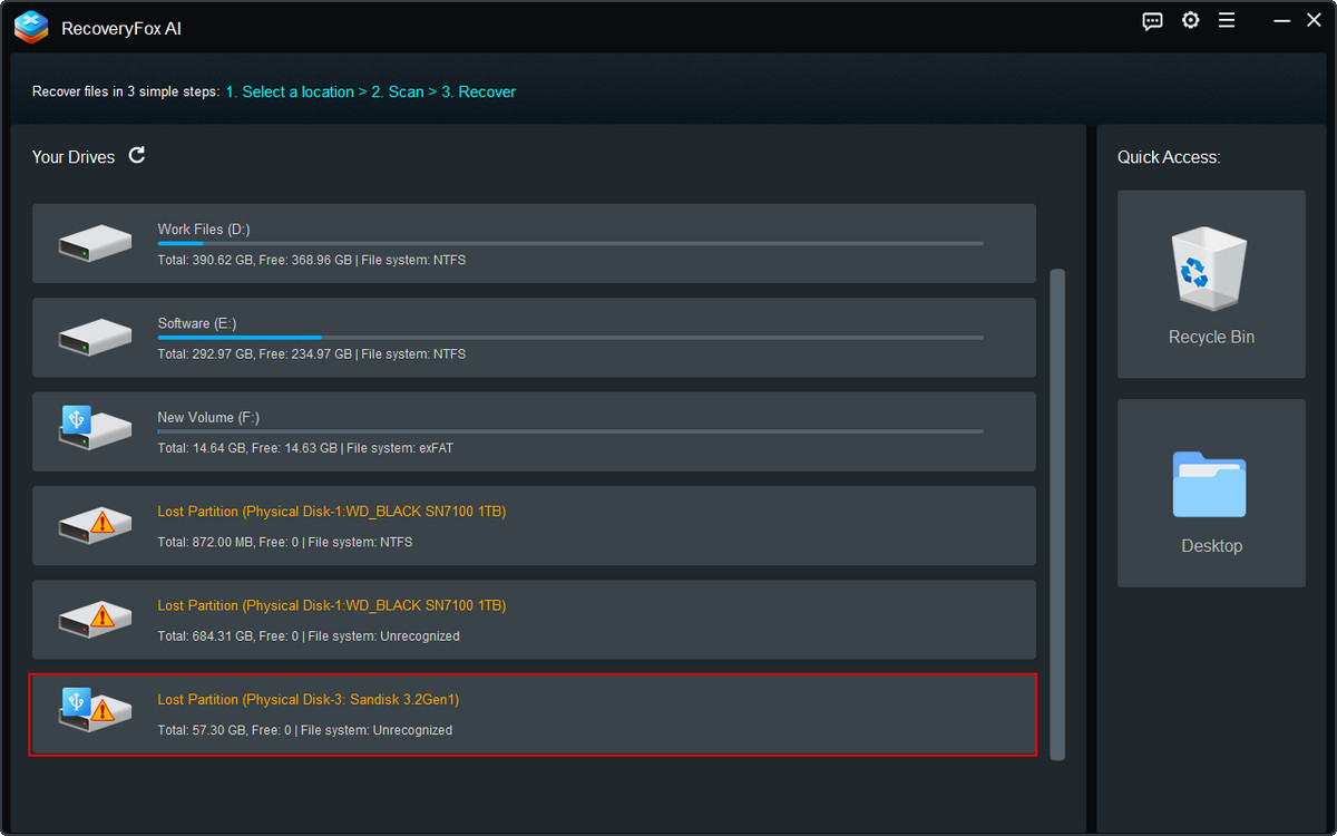 Select target USB from RecoveryFox AI’s drive list