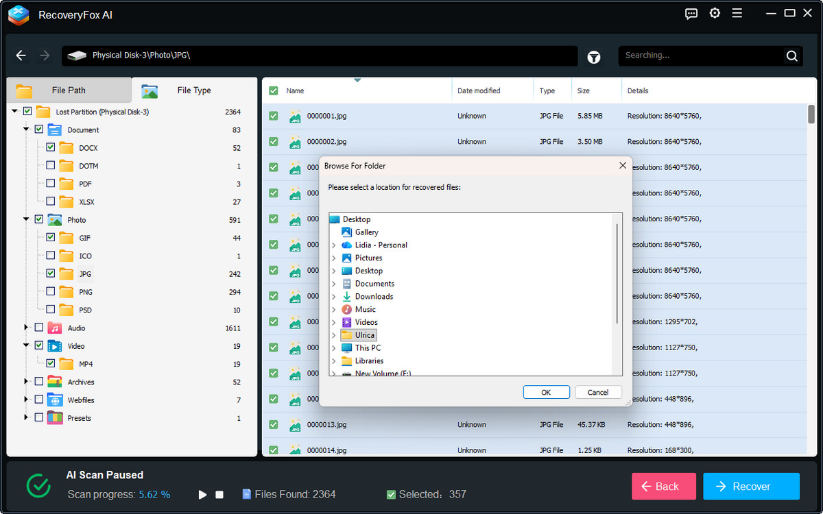 Select output location for recoverable pen drive data