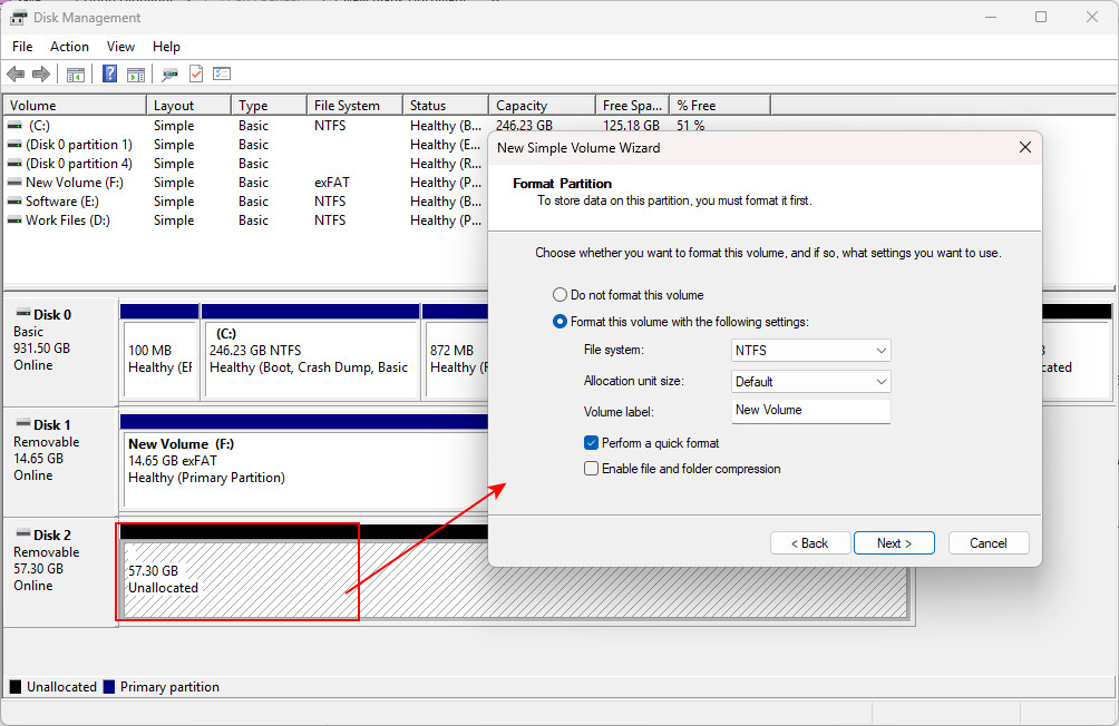 Complete format partition settings in new simple volume wizard