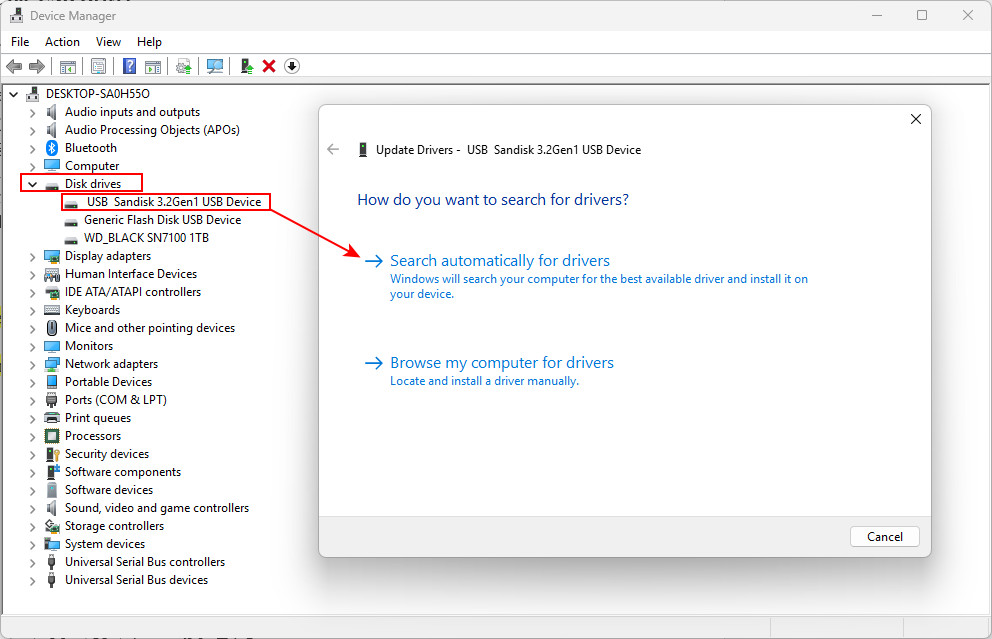 Choose search automatically for drivers to update the USB driver