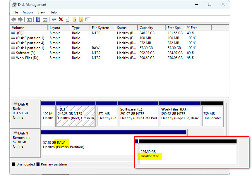USB shows RAW or Unallocated in Disk Management