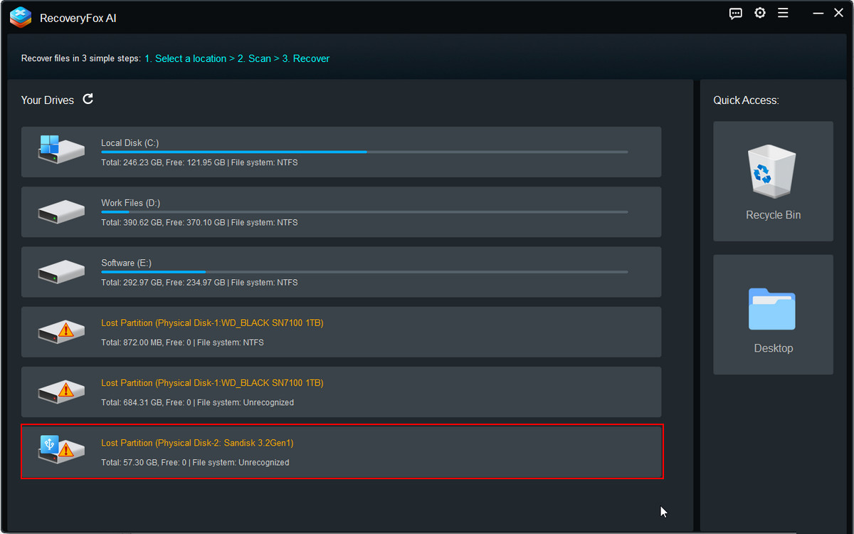 Select the RAW USB in the drive list