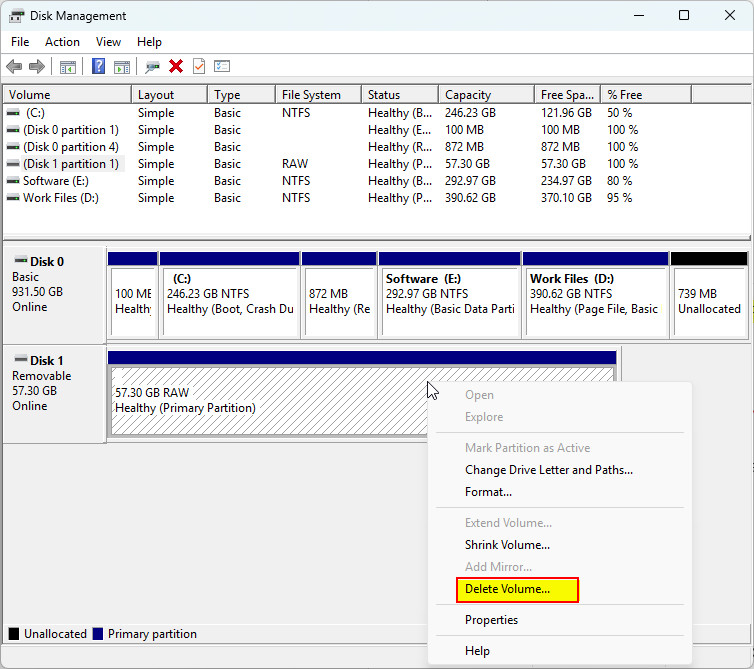 Select Delete Volume from the menu