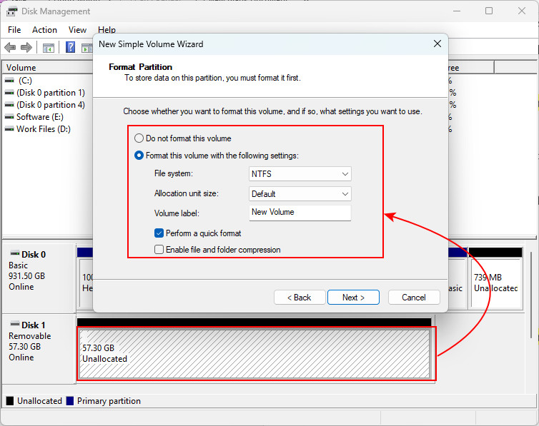 Configure the format partition settings
