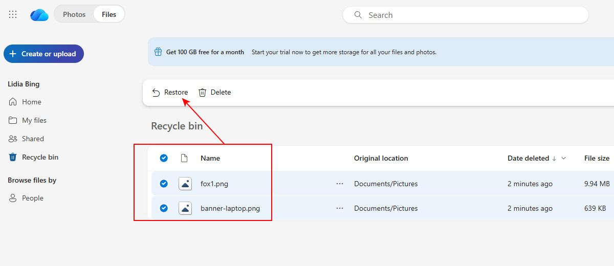 Recover from OneDrive Recycle Bin