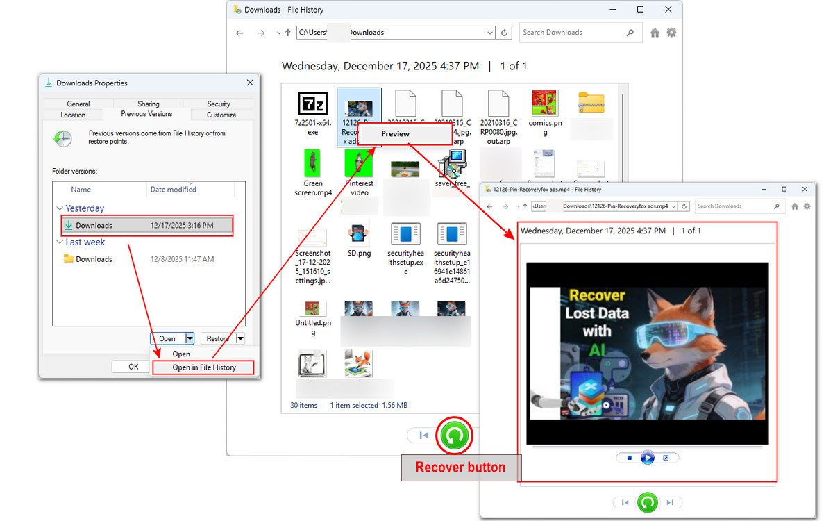 Open Selected Previous Versions