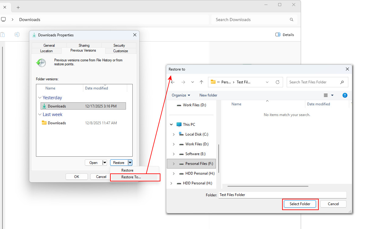 Restore Emptied Recycle Bin from Previous Versions